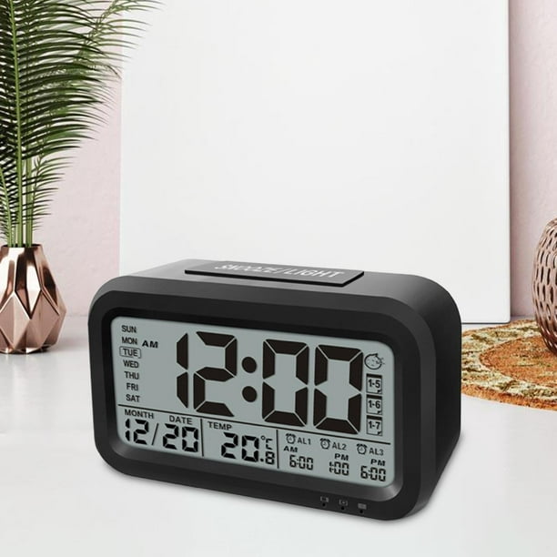  Reloj despertador de madera dual para dormitorio, reloj digital  con día de la semana/fin de semana/todos los días/un día, humedad y  temperatura, fecha, hora, semana, brillo, repetición, cargador de : Hogar