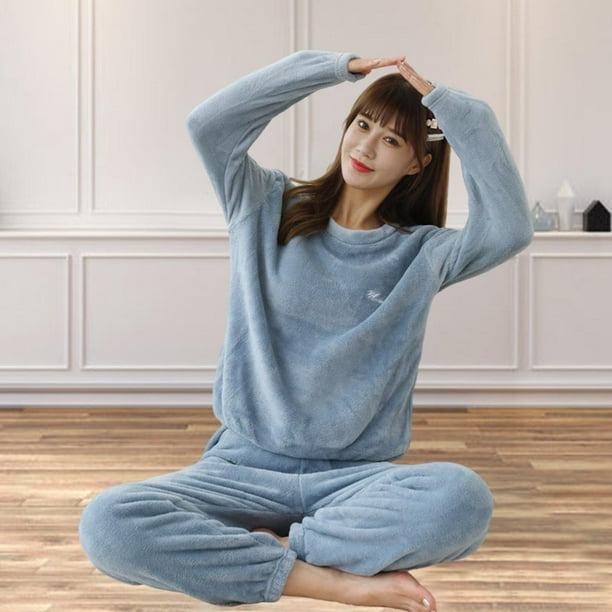 Pijamas de invierno para mujer Conjuntos de de lana para mujer: camiseta de  manga larga con cuello y pantalones de Ropa de dormir cálida Magideal  Pijamas de invierno para mujer