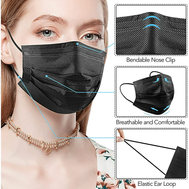 Mascarillas desechables negras, paquete de 100 mascarillas negras  Protección de filtro de 3 capas ER