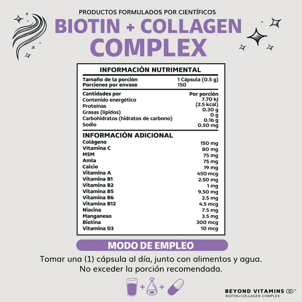 Biotina + Colágeno + Vitaminas y Minerales | Suplemento Alimenticio |  Cabello Piel Uñas 150 Cápsulas Beyond Vitamins Suplemento Biotina +  Colageno Vitaminas en Cápsulas | Walmart en línea