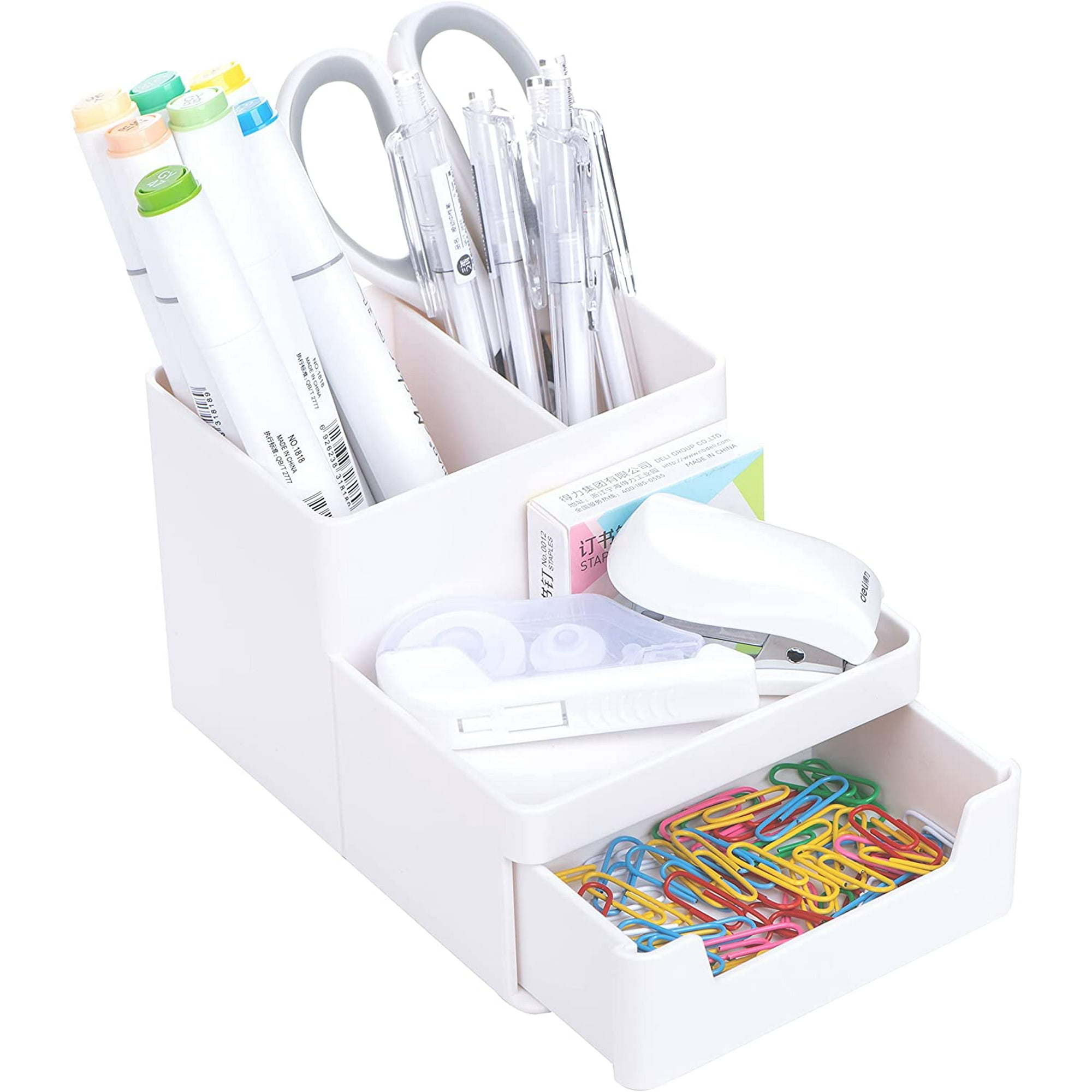 Organizador de escritorio mejorado con cajón, soporte para lápices blanco,  organizador de suministros de arte para el hogar, la oficina y la escuela :  : Oficina y papelería