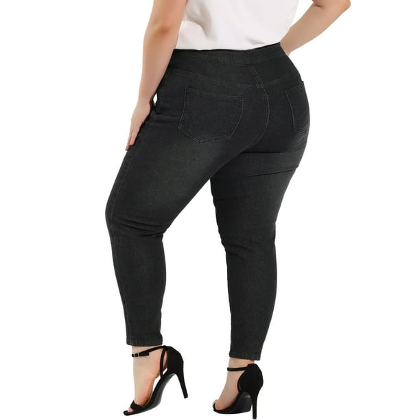 Jean de talla grande para mujer, cintura alta, hebilla, decoración,  bolsillo oblicuo, trabajo, estir Unique Bargains Pantalones Vaqueros
