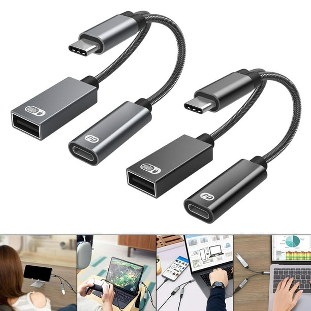 Adaptador USB C a USB OTG y cable de carga, divisor USB-C 2 en 1 con PD de  60 W de carga rápida tipo C OTG y puerto USB A hembra compatible con