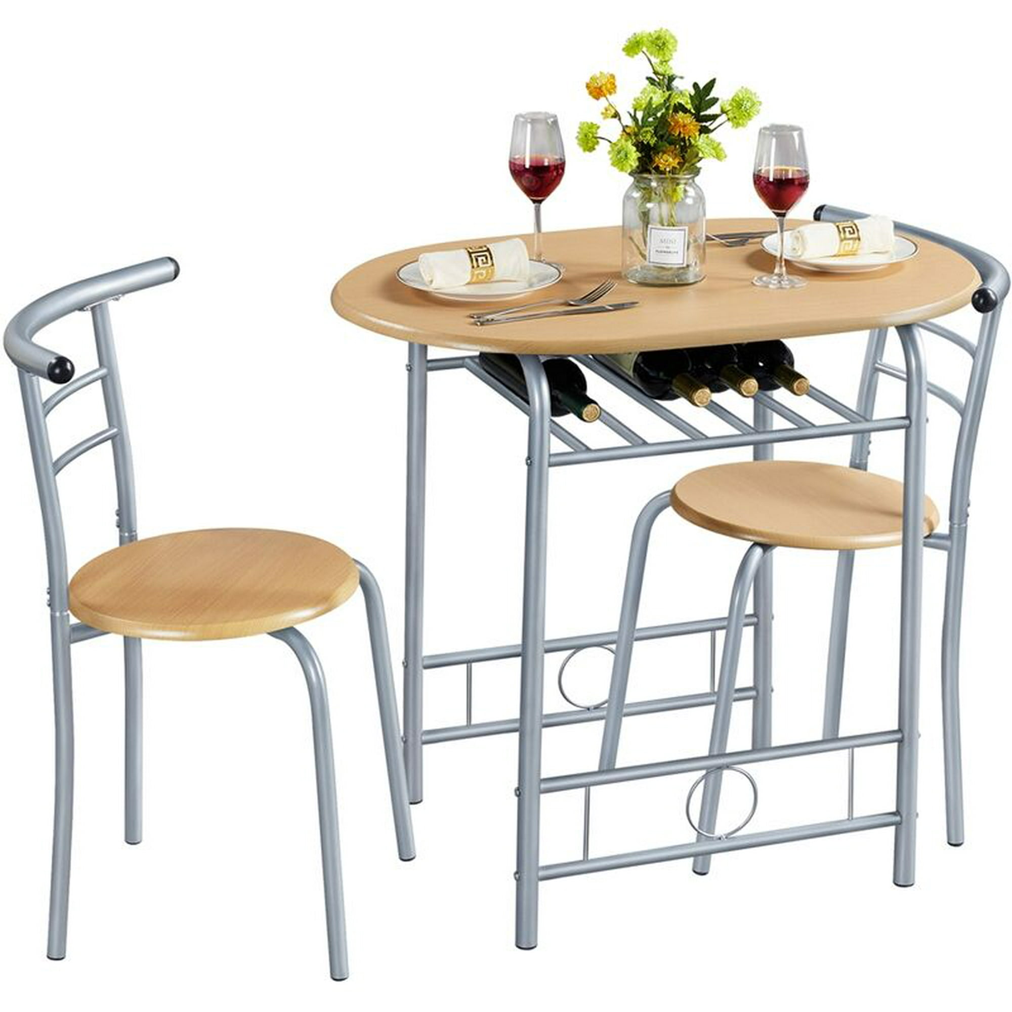 ARLIME Juego de comedor de 3 piezas, mesa de cocina redonda con 2 sillas,  marco de acero y estante para vino, mesa de cocina pequeña para  apartamento