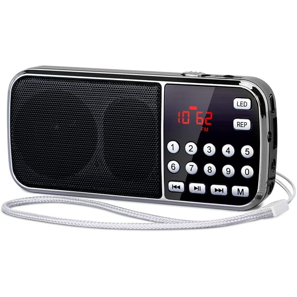 Pequeñas radios portátiles, radio AM FM con pilas, radio Bluetooth  recargable con dos altavoces de graves pesados, linterna LED, pilas  recargables para caminar, viajar ER