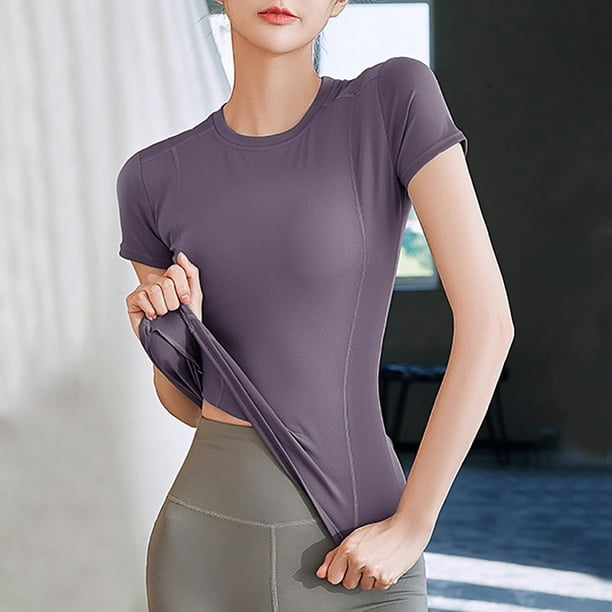 Camiseta de compresión para mujer, elástica, de manga corta