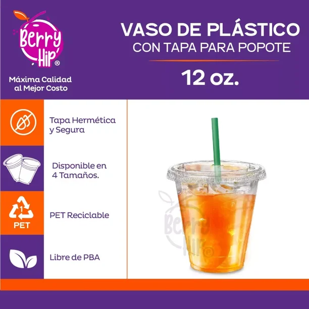 vaso con tapa y popote 12 oz