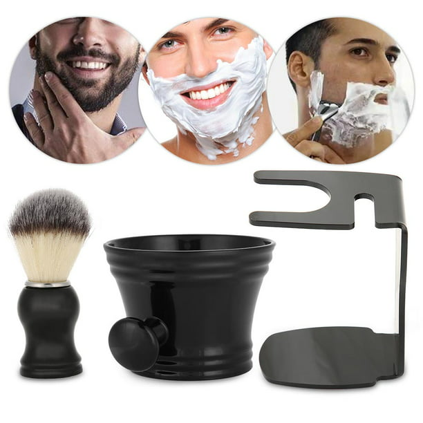 Kit de afeitado de 4 piezas, juego de brochas de afeitar para hombre,  incluye maquinilla de afeitar manual + soporte de acero inoxidable +  cepillo de