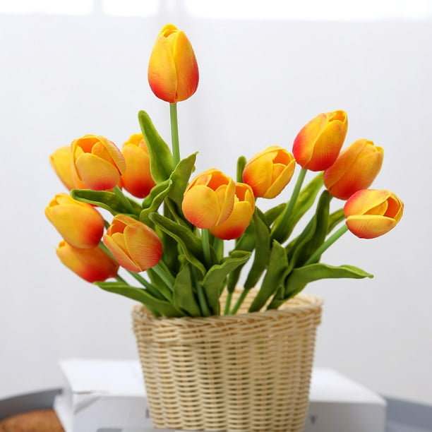 Tulipanes artificiales en cesta amarilla, 20 cm
