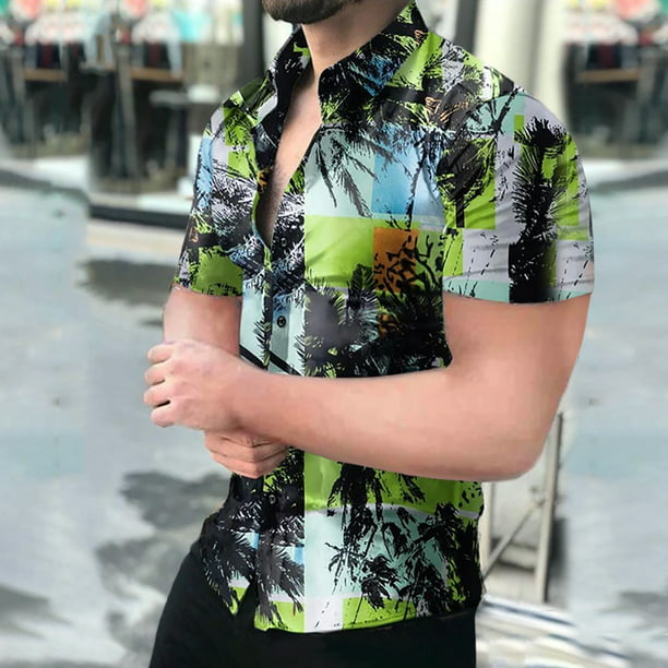 Camisa hawaiana de manga corta con cuello levantado para la playa para  hombre, camisas informales con botones estampadas de verano Fridja hkj1630