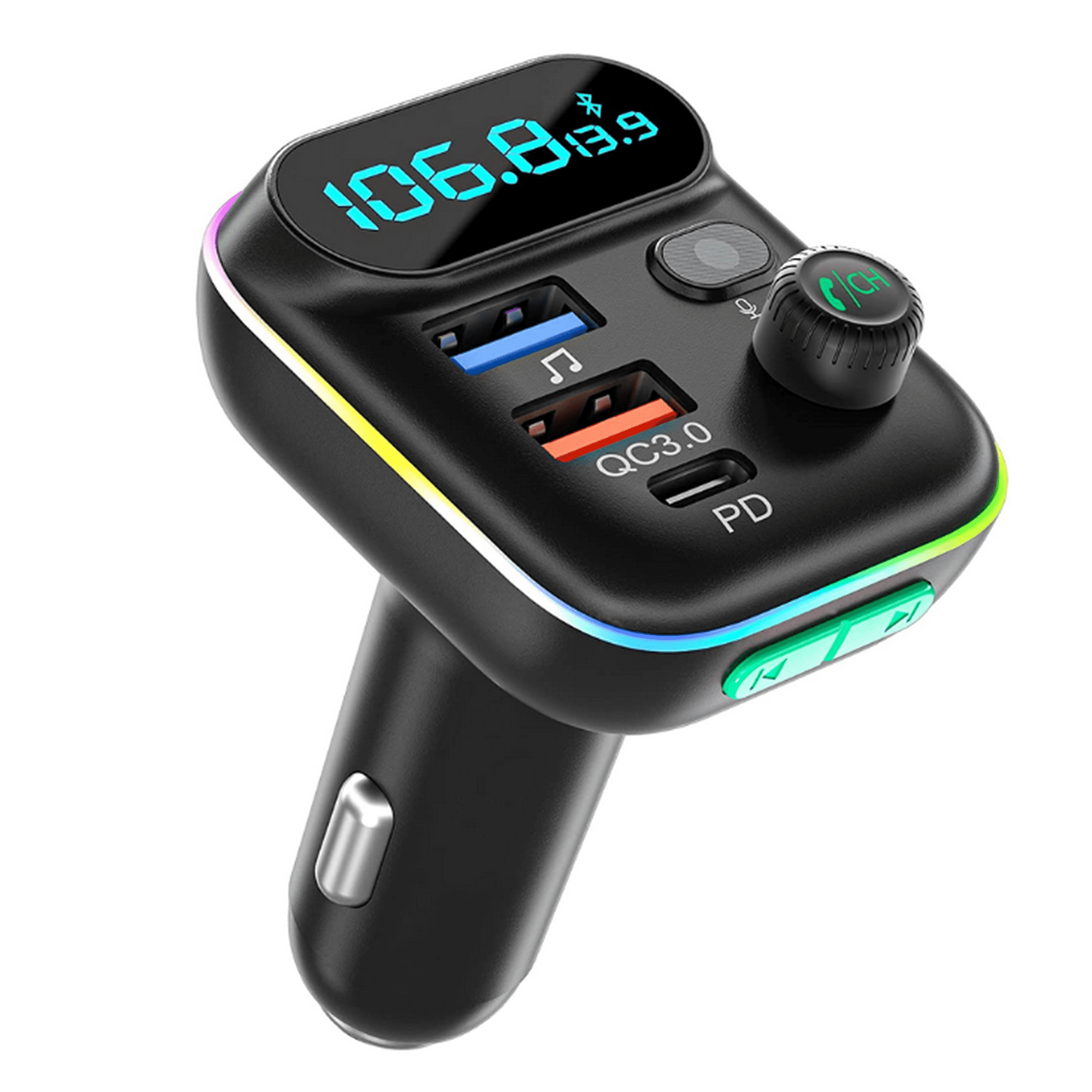 LENCENT Transmisor FM Bluetooth 5.0, Cargador de Coche PD+QC3.0, Adaptador  de Música Radio Bluetooth AUX, Encendedor de Cigarrillos con Sonido HiFi  Bass, Soporte Asistente de Google,Siri,Manos Libres : : Electrónica