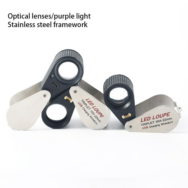 Riwesomey Lente de aumento Suministros de joyería 20X 30X Luz LED Mapa de  larga duración profesional Vidrio óptico Sello Lupa Moneda Lupa lupas 20X  Riwesomey TO011966-02