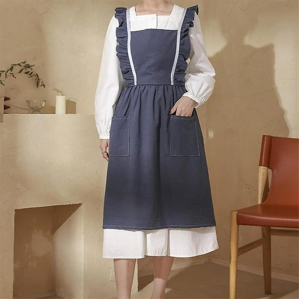 Delantal japonés de lino y algodón con espalda cruzada para mujer con  bolsillos, vestido de moda para jardinería, pintura, limpieza y cocina