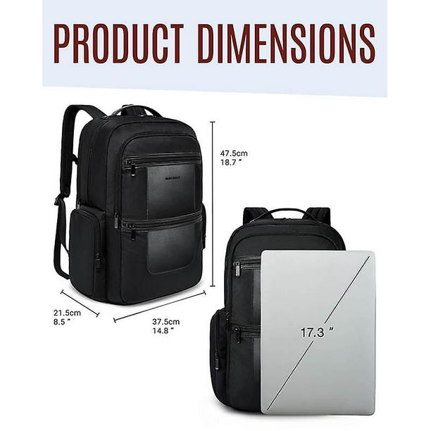 Mochila negra para laptop de 17 pulgadas para hombre, mochila impermeable  de viaje para la escuela, bolsa de libros con puerto de carga USB