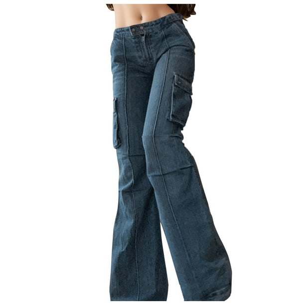 Gibobby Pantalones tipo cargo para mujer Pantalones vaqueros con bolsillos  para mujer, cintura alta, estilo cargo, sueltos(Azul,CH)