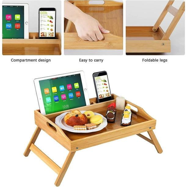 Bandeja de cama, mesa de cama de bambú para laptop con patas y asas  plegables, mesa de cama para servir el desayuno, natural