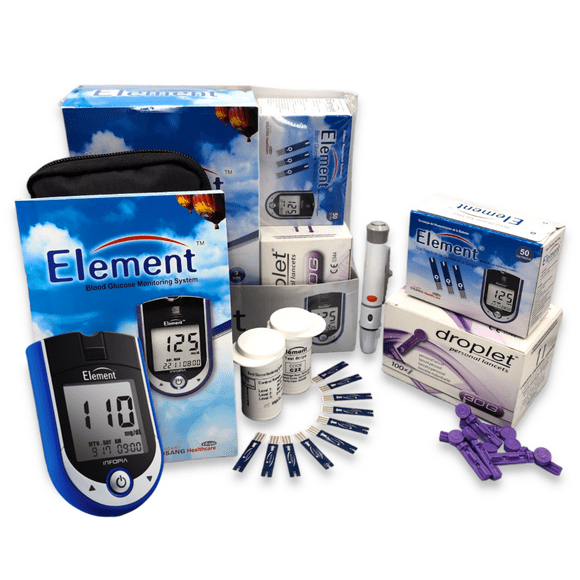 glucómetro element kit  50 tiras reactivas  100 lancetas element kit completo