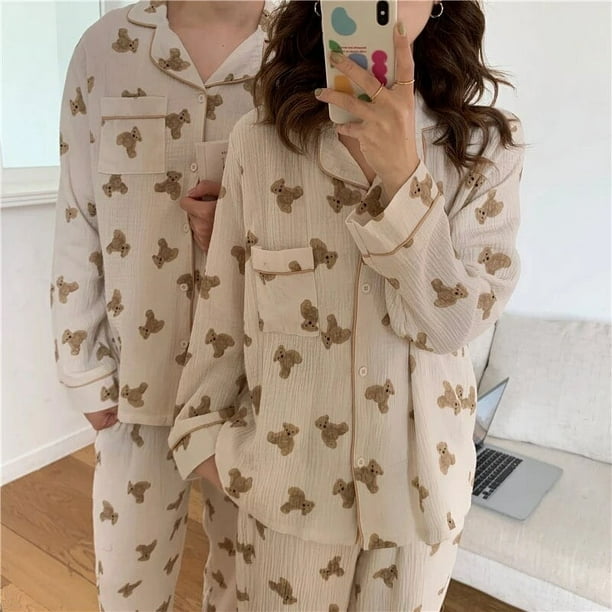 Conjunto de pijama de algodón para parejas, ropa de dormir de dos piezas,  informal, coreana, con