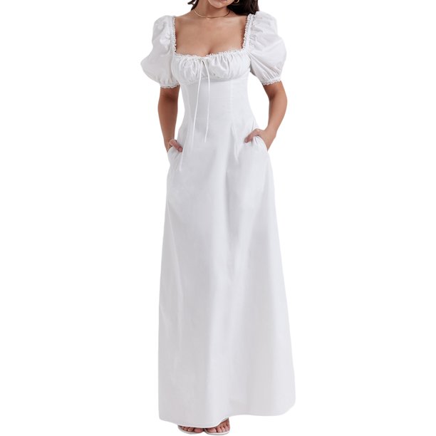 Vestidos Largos Vestidos de mujer con mangas abullonadas, vestido elegante,  ropa de primavera y verano (blanco L) Cgtredaw Para estrenar