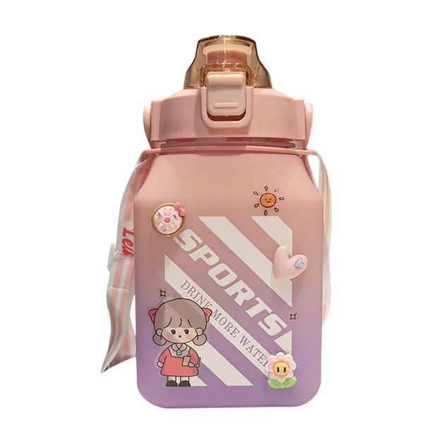 Botella de agua con pajita, linda botella de agua Kawaii cuadrada Botella  de agua deportiva portátil Botella de agua deportiva Vasos de agua de