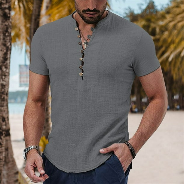 Comprar Camiseta de manga corta de verano para hombre, camiseta ajustada  con botones, personalizada, de algodón, con cuello en V, informal, de gran  tamaño, de talla grande