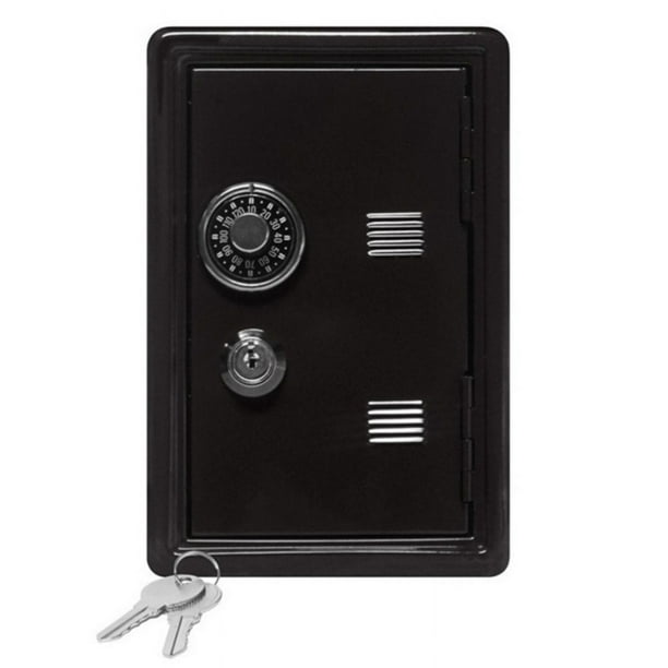Hucha de metal negro en forma de caja fuerte con llave