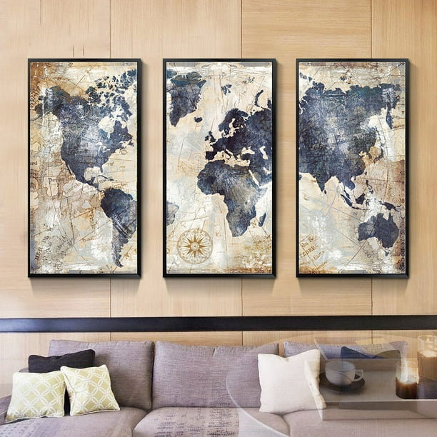Cuadro mapamundi efecto madera impresión sobre lienzo 90x60cm
