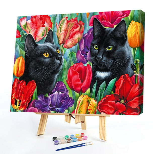 Gato negro en flores pintura al óleo por números Kit DIY pintura acrílica sobre  lienzo arte Likrtyny Oficina Multiescena Multifunción