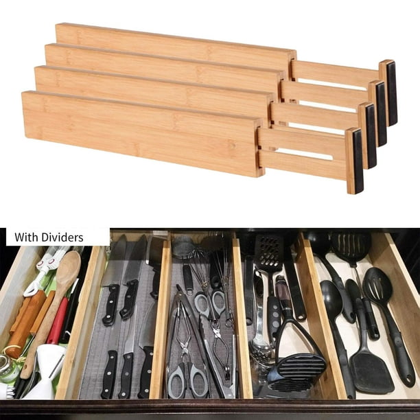  Paquete de 4 separadores de cajones de bambú, longitud  ajustable de 11 a 17 pulgadas, organizador de cajones de cocina expandible,  separadores de organización de cajones para ropa, cocina, dormitorio, 