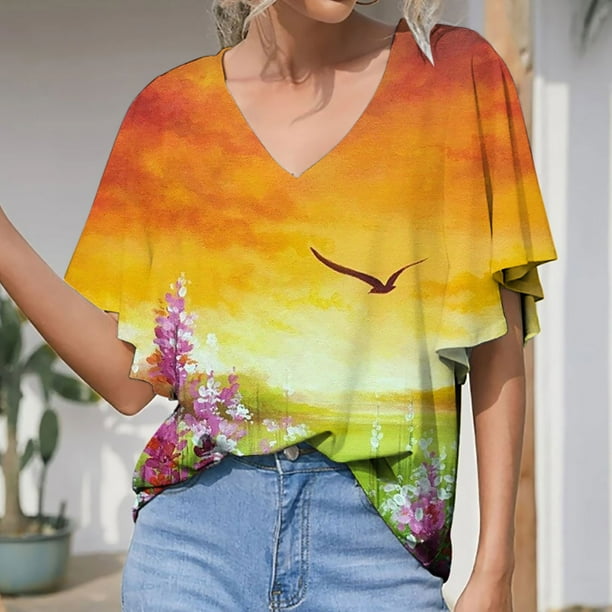  Camiseta de verano para mujer, manga corta, cuello en