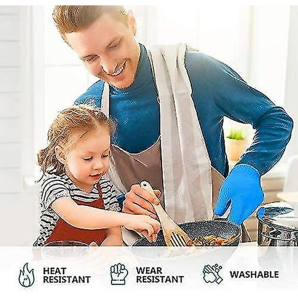 par de guantes azules resistentes al calor, guantes azules para horno,  resistentes al calor con los dedos, guantes para horno, soportes para ollas  de cocina, guantes de algodón, guantes de cocina, horno