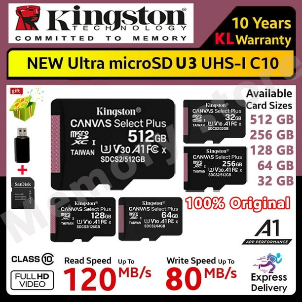 Kingston-tarjeta Micro SD Canvas Select Plus, Memoria Flash C10 A1 de hasta  128 MB/s, 32GB, 64GB, 256GB, 512GB, 100 GB - AliExpress