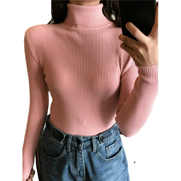   Essentials Suéter ligero de manga larga con cuello alto  para mujer, color rosa brillante, talla S : Ropa, Zapatos y Joyería