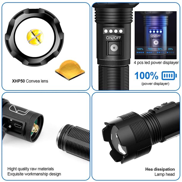 Linterna LED de Mano Zoom USB 1000LM IPX4 + 4 Accesorios