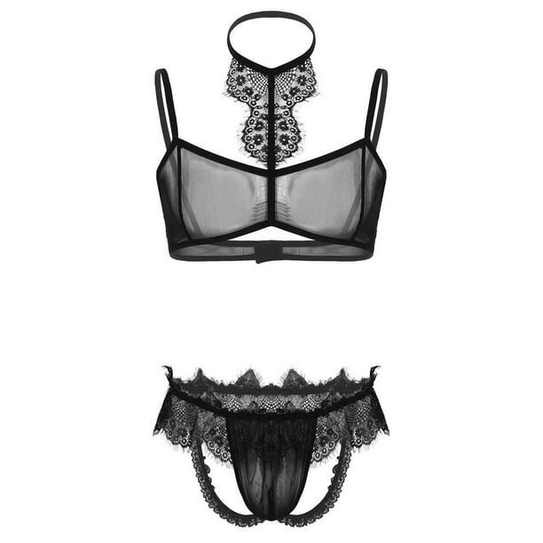 Mens Sissy Exotic Sets See Through Sheer Lace Trim Lingerie Set