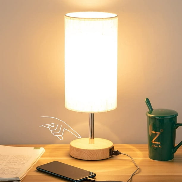  DEWENWILS Lámpara de mesita de noche, lámpara de mesa,  interruptor de atenuación, lámpara de mesa de noche con trípode de madera  con pantalla de tela de lino, para luces LED/CFL regulables