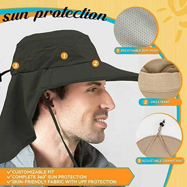 Sombreros unisex para exteriores, protección solar, ala ancha, sombrero de  pesca, solapa para el cuello, UPF 50+, verde militar
