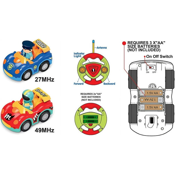 Coches recargables de dibujos animados a control remoto para niños  pequeños, paquete de 2 autos RC de policía y carrera, juguetes para niños  de 3, 4