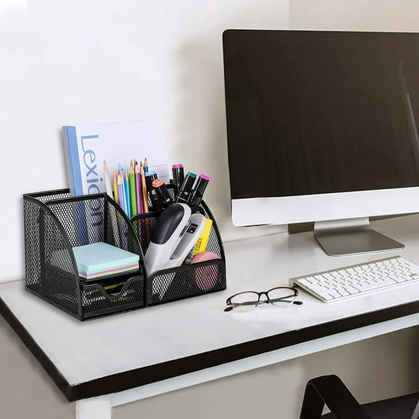  EasyPAG Organizador de escritorio de malla, suministros de  oficina, multifuncional, con 6 compartimentos y 1 cajón para oficina,  hogar, escuela, aula, color negro : Productos de Oficina