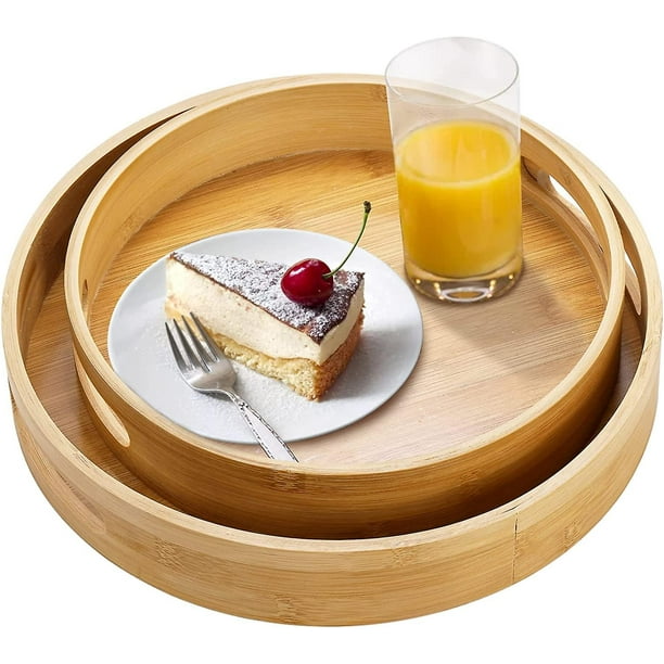 Paquete de 2 bandejas de bambú para servir con asa, bandeja redonda de  bambú de 10 y 12 pulgadas para servir, plato de madera para desayuno,  comida, bebida para café, té, mesa