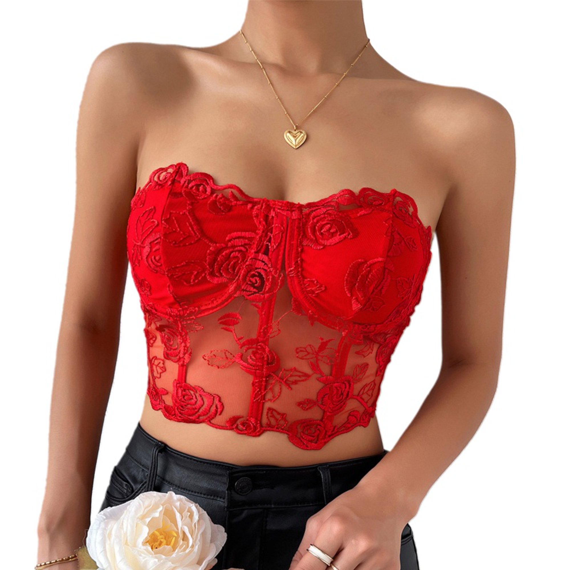 Corsé De Encaje Sexy Sin Tirantes Para Mujeres De La Suerte/Top De Tubo  Brasier Bustier De Malla Floral Rosapangjing