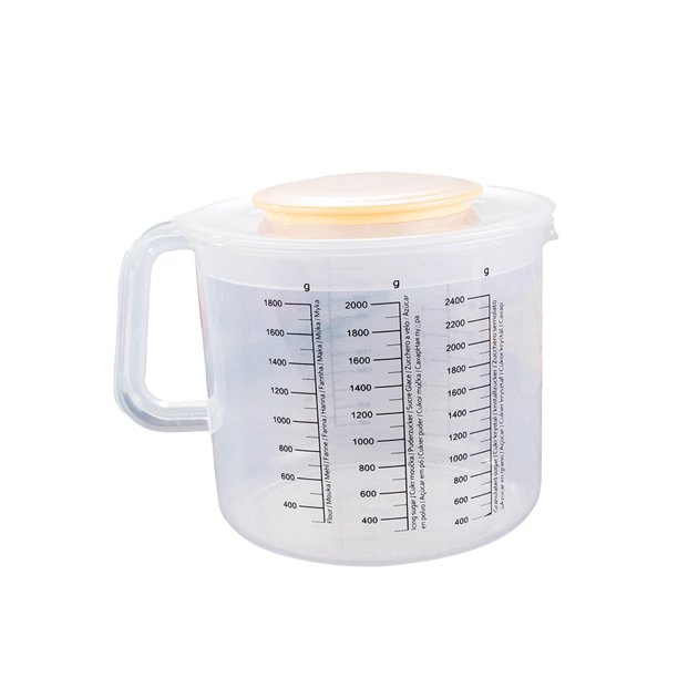  Jarra medidora de plástico transparente de JEATHA, 2 litros/1  litro, sin BPA, para cocina, hornear, laboratorio, medida, tabla de  conversión, transparente, con tapa, 33.8 fl oz : Hogar y Cocina