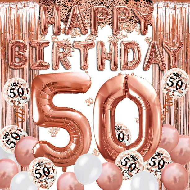 RV Decoración 50 cumpleaños oro rosa, cartel de feliz cumpleaños, globo de  helio números 50 XXL, cortina con flecos de oro rosa, confeti de látex,  decoración de números, confeti, niña y mujer