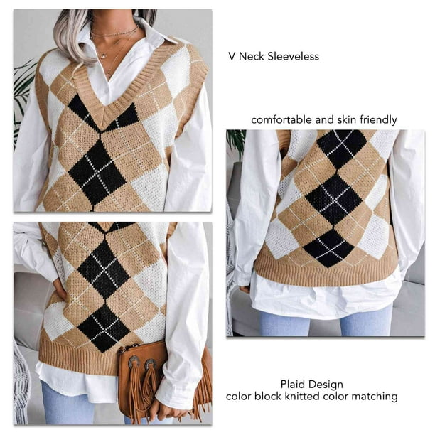 Suéter de mujer con cuello en V Argyle Plaid Knit Sweater Chaleco