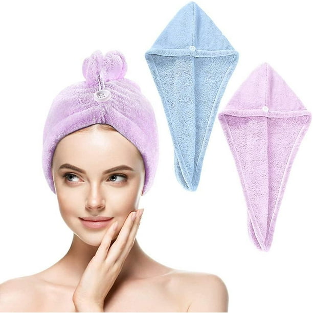 Toallas para secar el cabello, toalla de microfibra, juego de turbante para  el cabello, envoltura para el cabello súper absorbente con diseño de  botones, azul, púrpura, 2 piezas JAMW Sencillez