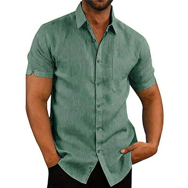 Camisa informal de lino y algodón para hombre, camisa holgada de manga  corta con cuello de solapa, C BANYUO