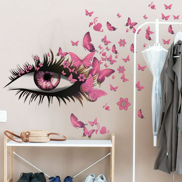 Pegatinas de pared decorativas creativas con mariposas y pestañas de ojos  rosas, pegatinas de pared extraíbles simples para sala de estar y  dormitorio JM