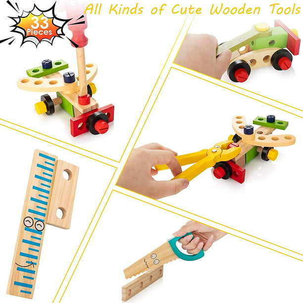 Kit de herramientas para niños, caja de herramientas de madera con juego de  juguetes de construcción colorido brillar Electrónica