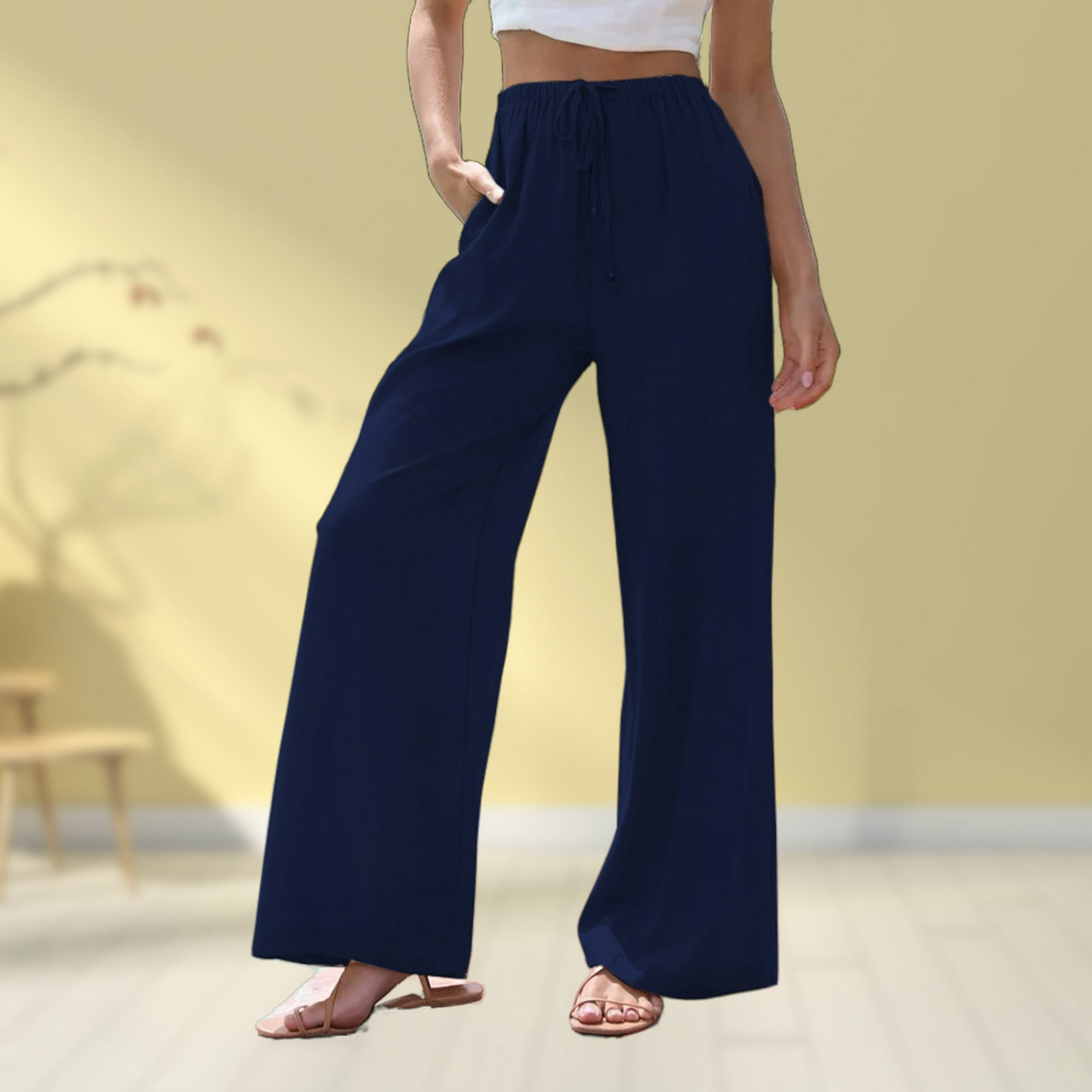 Pantalones Anchos Pantalones de pierna ancha para mujer Pantalones casuales  de cintura alta de algodón con bolsillos (Negro XL) Kuymtek para Mujer
