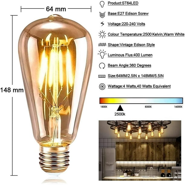 Bombilla Edison de luz LED de llama, iluminación de decoración de filamento  Retro Vintage, E27, E14, CA 220V, 230V, 3W, 10 unidades por lote